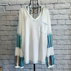 White & Blue/Green Striped Exposed Seam Patchwork Waffle Knit Top Size L  12-14